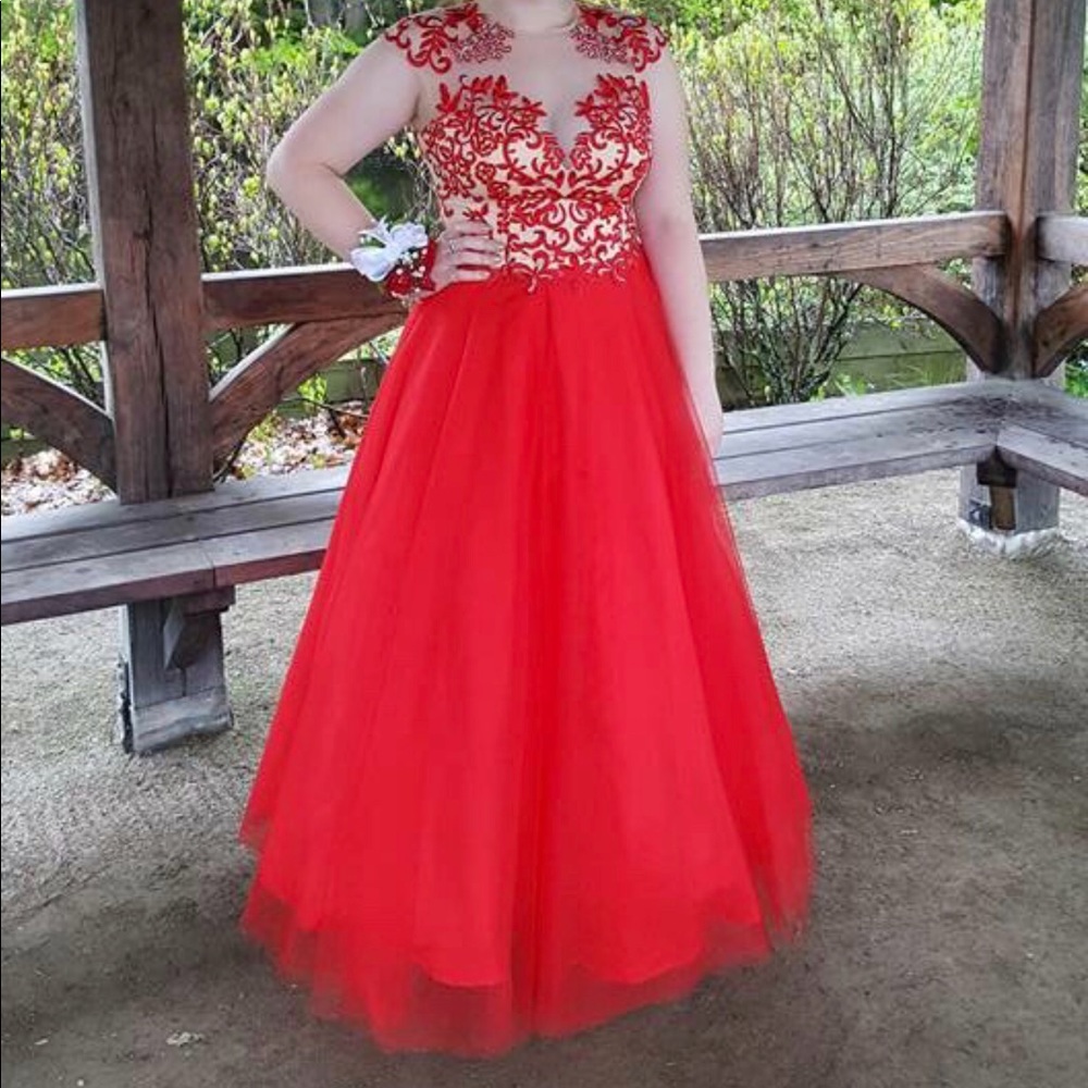 Red embroidered prom dress